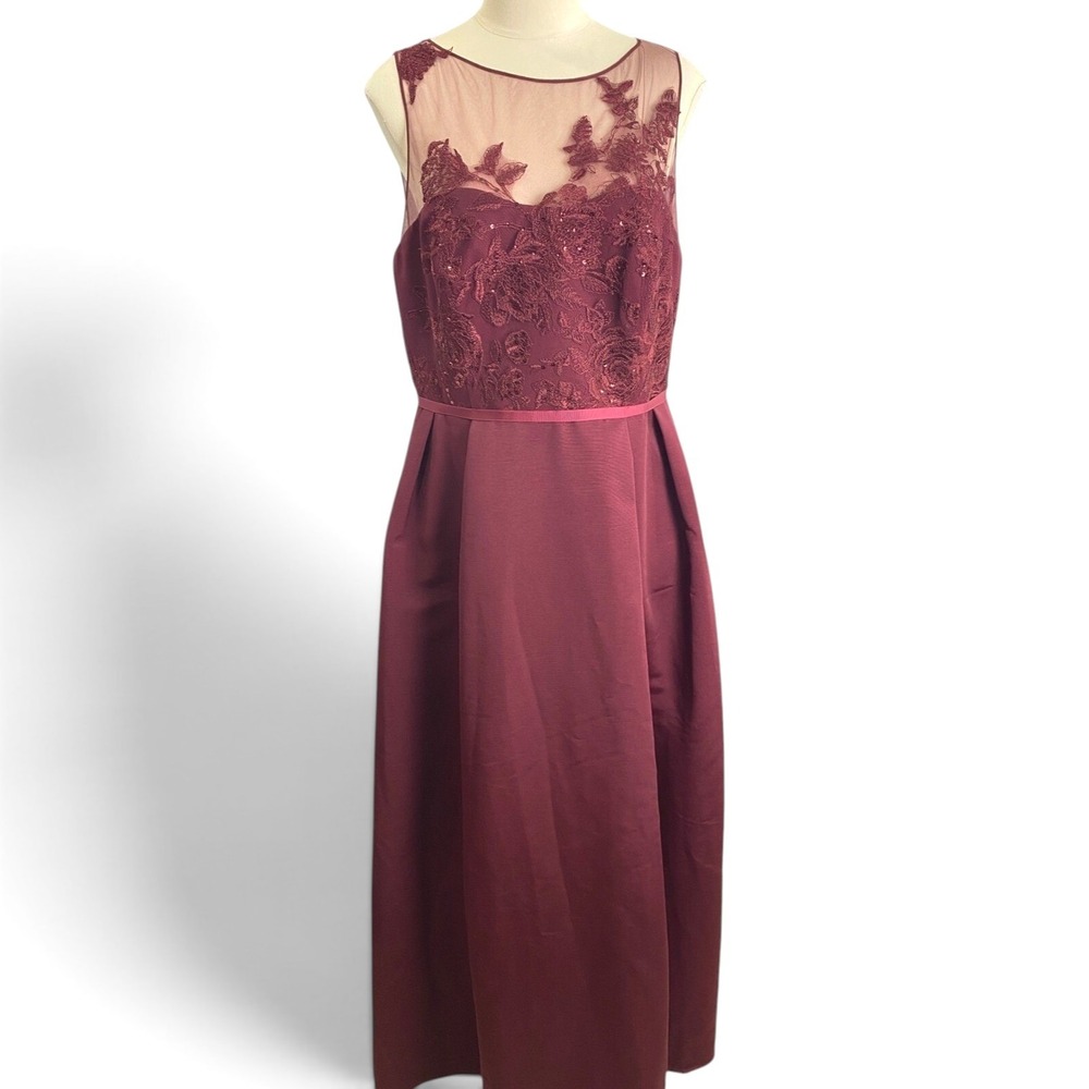 Oleg‎ Cassini Burgundy Lace Illusion Bodice Formal Evening Gala Gown Dress 14